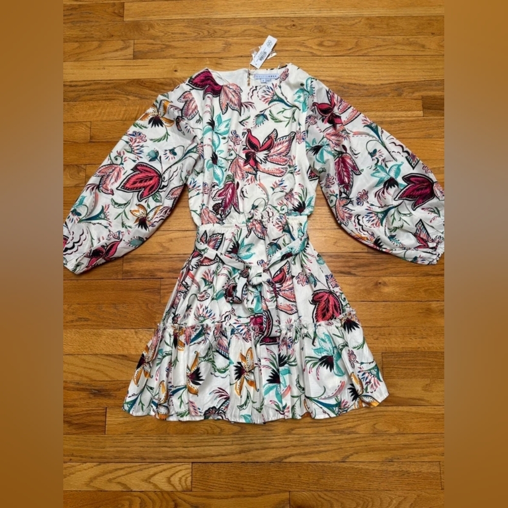 Floral Puff-Sleeve  Dress - White with Pink & Teal Print